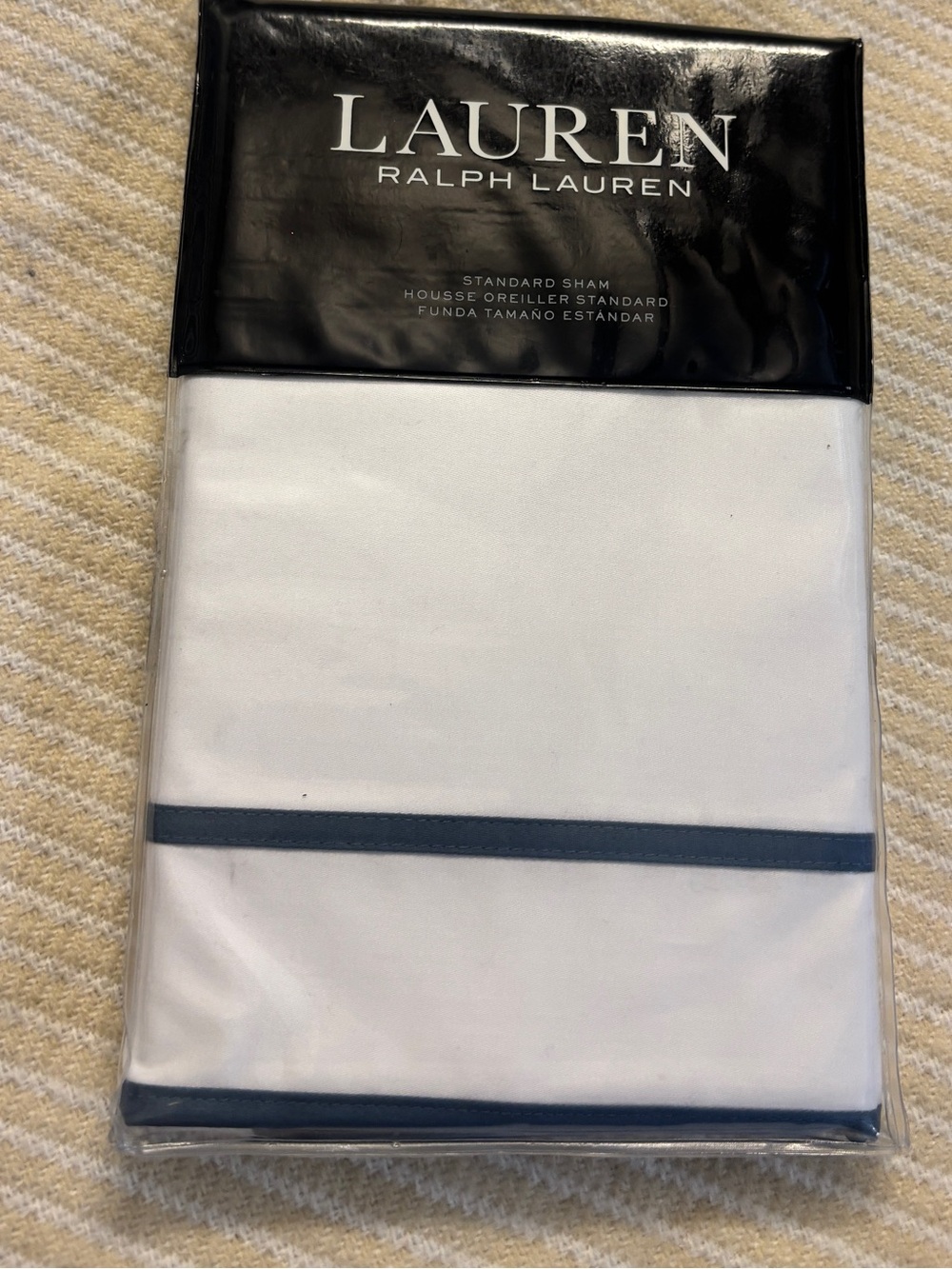 New Lauren Ralph Lauren Spencer Border White Pillow‎ Sham with Navy Trim